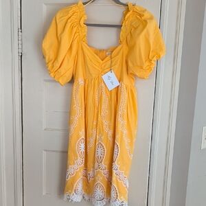 Tuckernuck La Ven Yellow Puff Sleeve Dress with White Embroidery
